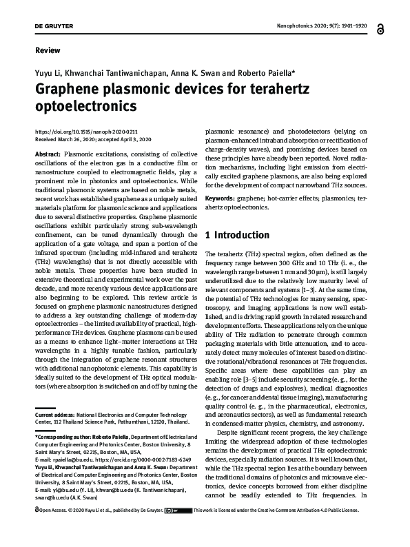 (PDF) Graphene plasmonic devices for terahertz optoelectronics