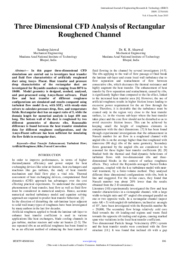 (PDF) Three Dimensional CFD Analysis of Rectangular Roughened Channel
