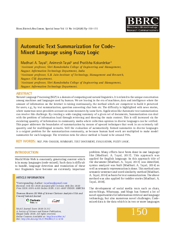 (PDF) Automatic Text Summarization for Code- Mixed Language using Fuzzy ...