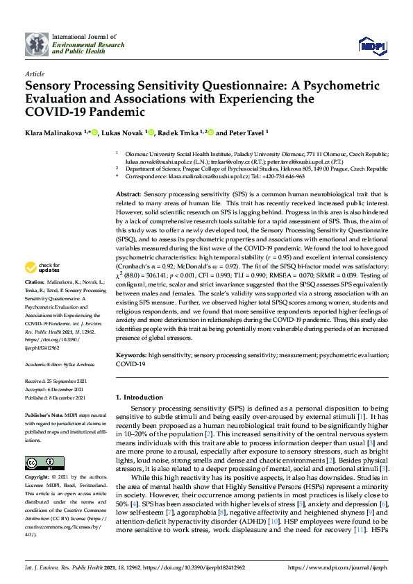 (PDF) Sensory Processing Sensitivity Questionnaire A Psychometric