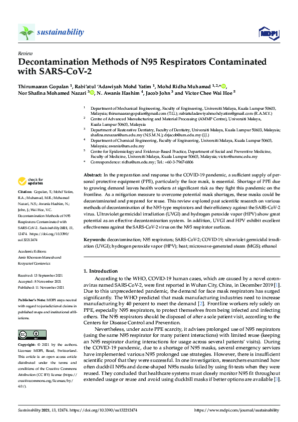(PDF) Decontamination Methods of N95 Respirators Contaminated with SARS ...