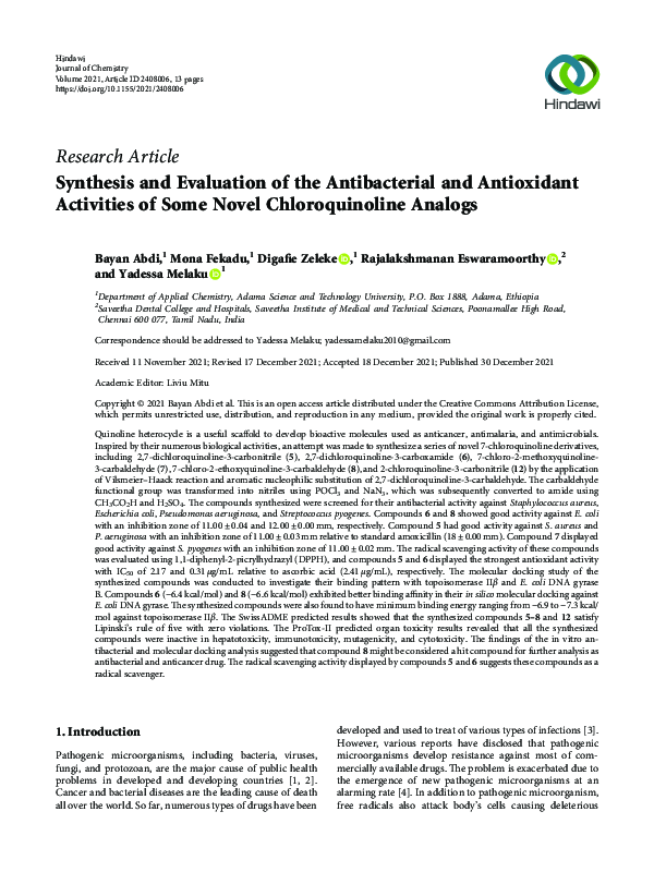 (PDF) Synthesis and Evaluation of the Antibacterial and Antioxidant ...