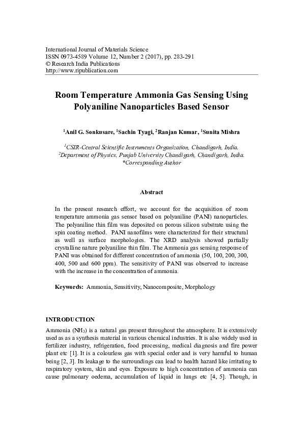 (PDF) Room Temperature Ammonia Gas Sensing Using Polyaniline ...