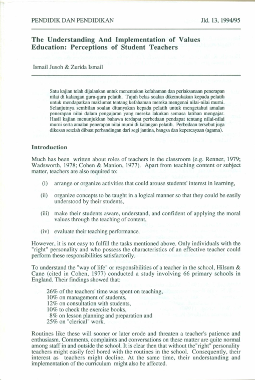 (PDF) The Understanding And Implementation of Values Education ...