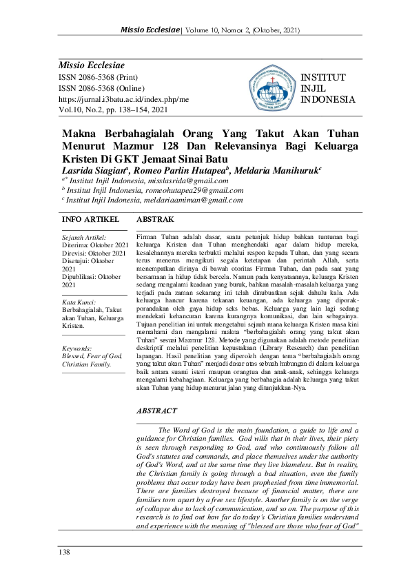 (PDF) Makna Berbahagialah Orang Yang Takut Akan Tuhan Menurut Mazmur