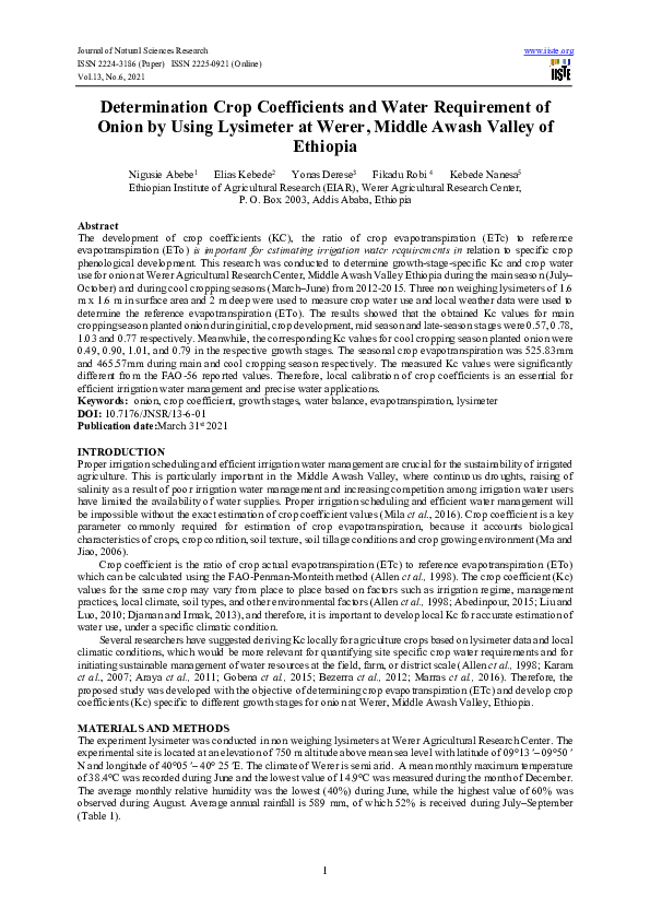 (PDF) Determination Crop Coefficients and Water Requirement of Onion by