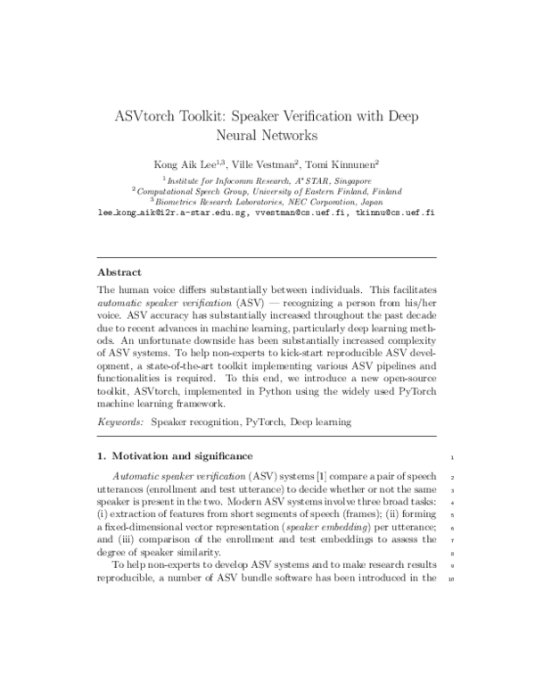 (PDF) ASVtorch toolkit: Speaker verification with deep neural networks