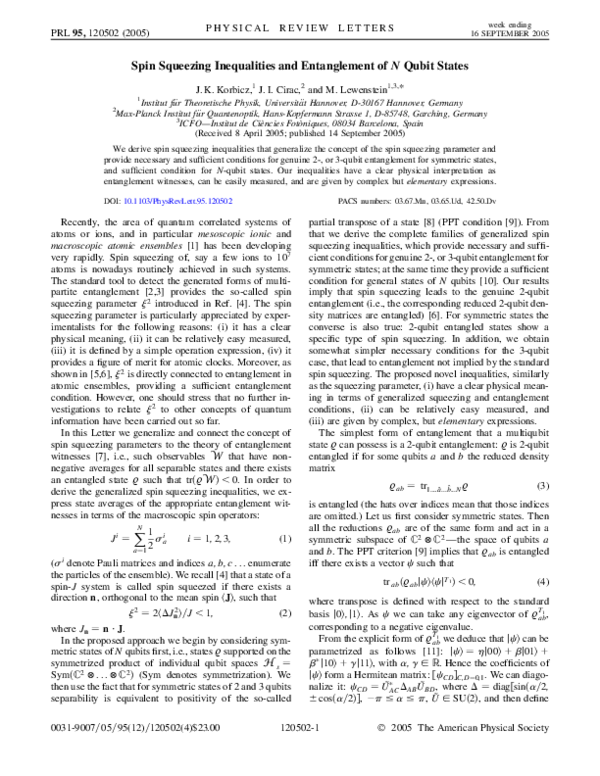 (PDF) Spin Squeezing Inequalities and Entanglement of N Qubit States