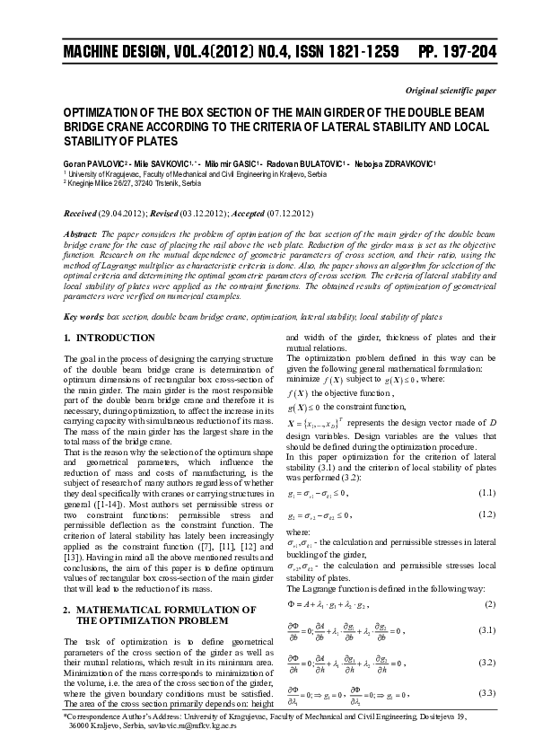 (PDF) Optimization of the Box Section of the Main Girder of the Double ...