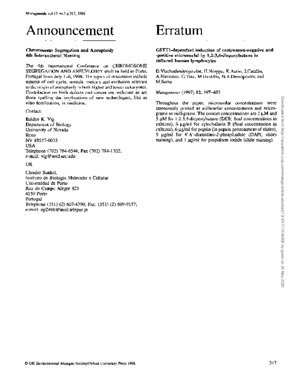 (PDF) Chromosome Segregation and Aneuploidy 4th International Meeting