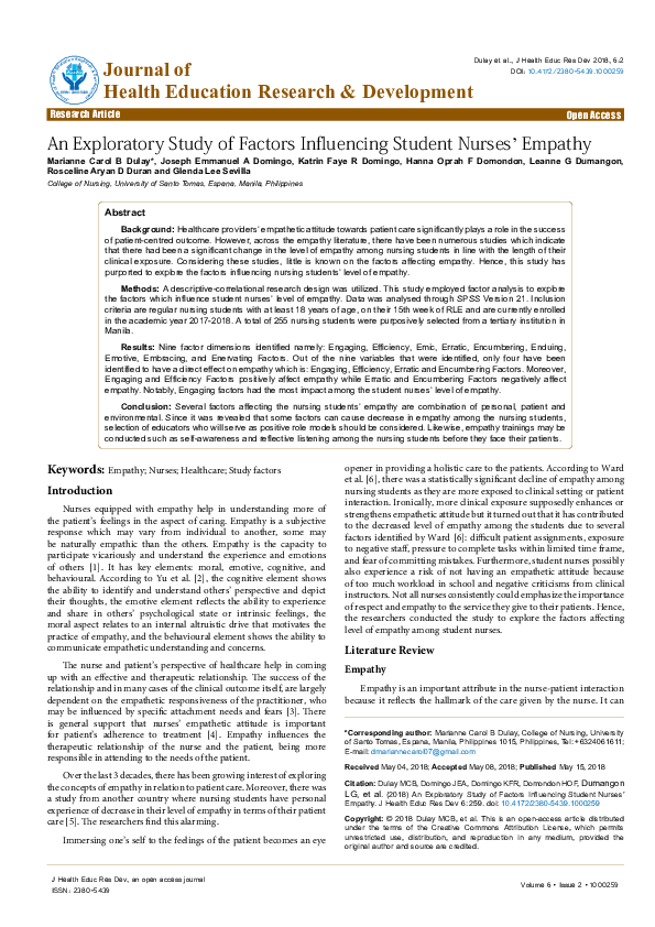 (PDF) An Exploratory Study of Factors Influencing Student Nurses’ Empathy