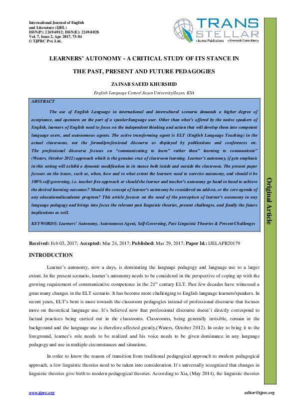 (PDF) Learners' Autonomy-A Critical Study of Its Stance in the Past ...