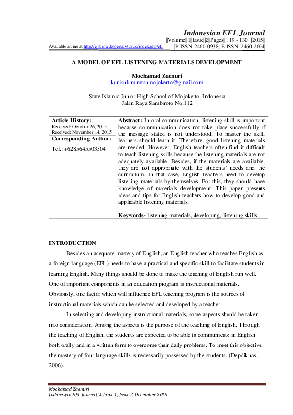 (PDF) Indonesian EFL Journal A MODEL OF EFL LISTENING MATERIALS DEVELOPMENT