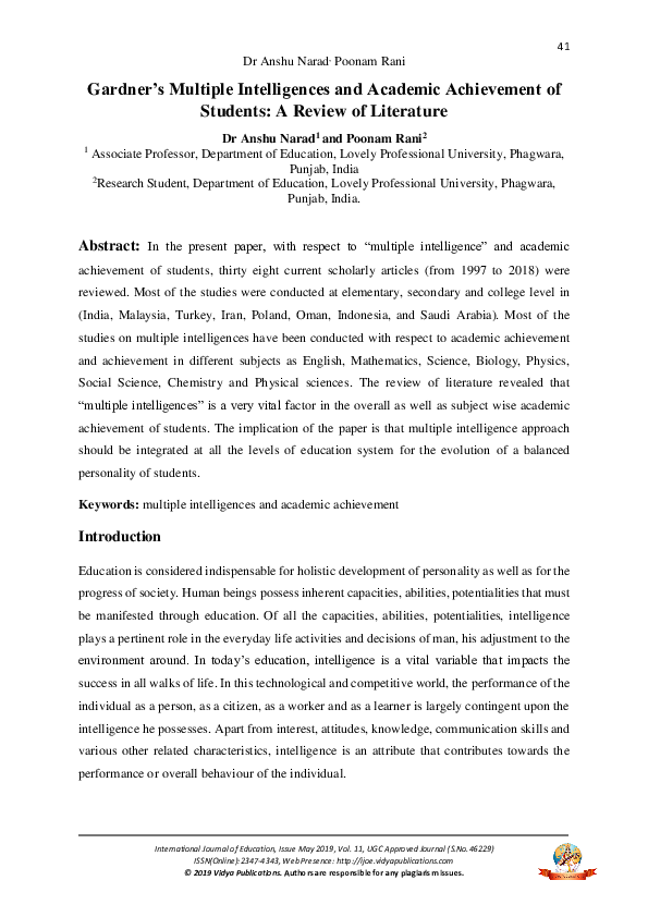 (PDF) Gardner’s Multiple Intelligences and Academic Achievement of ...