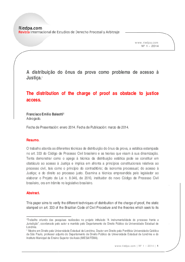 (PDF) A distribuição do ônus da prova como problema de acesso à Justiça Francisco Emilio (PDF) A distribuição do ônus da prova como problema de acesso à Justiça Francisco Emilio