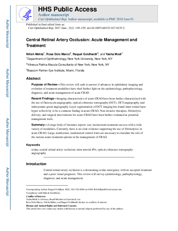 (PDF) Central Retinal Artery Occlusion: Acute Management and Treatment