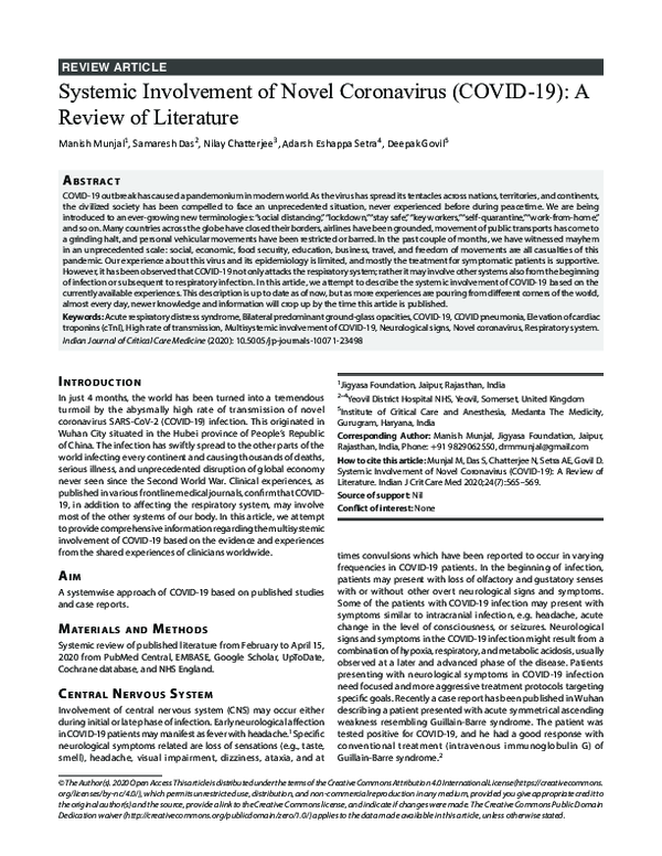 (PDF) Systemic Involvement of Novel Coronavirus (COVID-19): A Review of ...