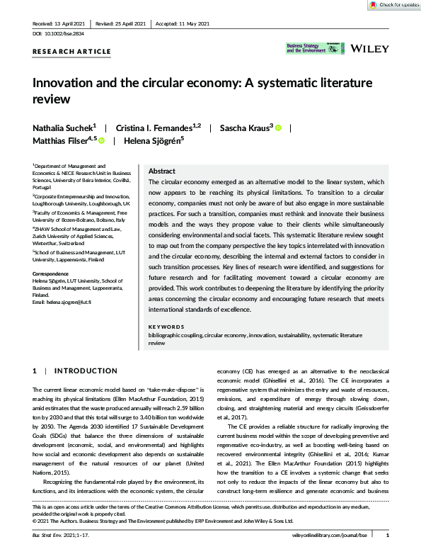 (PDF) Innovation and the circular economy: A systematic literature review