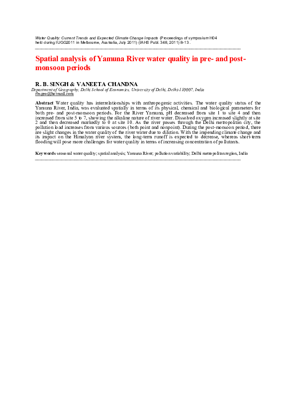 (PDF) Spatial analysis of Yamuna River water quality in pre- and post ...