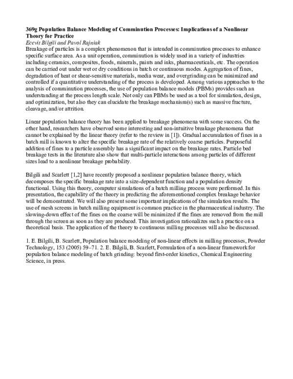 (PDF) Population Balance Modeling of Comminution Processes ...