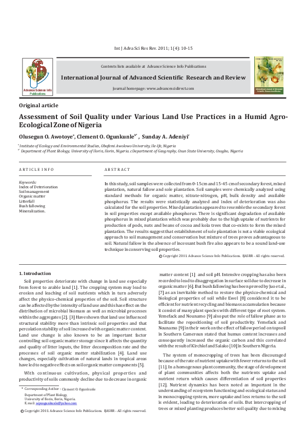 (PDF) Assessment of soil quality under various land use practices in a ...