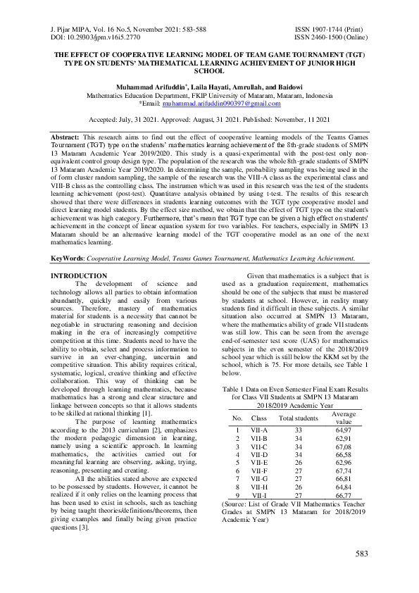 (PDF) The effect of cooperative learning model of team game tournament ...