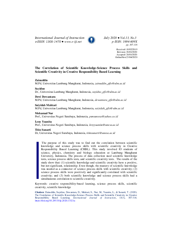 (PDF) The Correlation of Scientific Knowledge-Science Process Skills ...