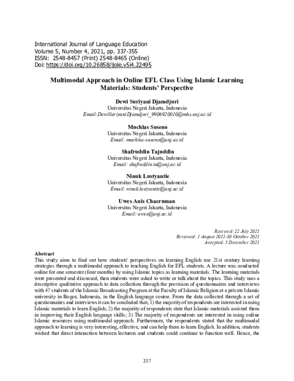 (PDF) Multimodal Approach in Online EFL Class Using Islamic Learning ...