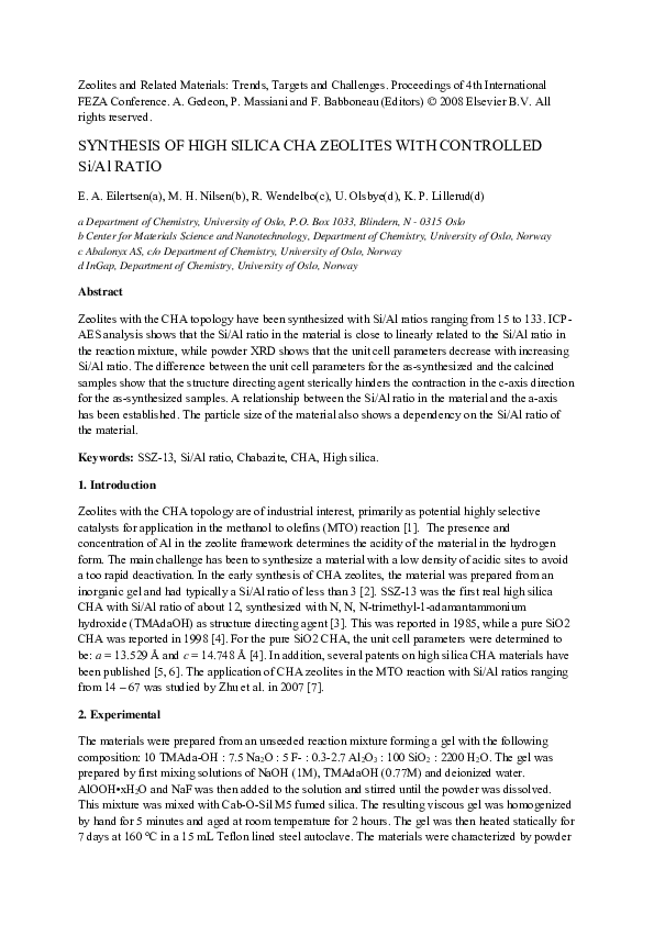 (PDF) Synthesis of high silica CHA zeolites with controlled Si/Al ratio