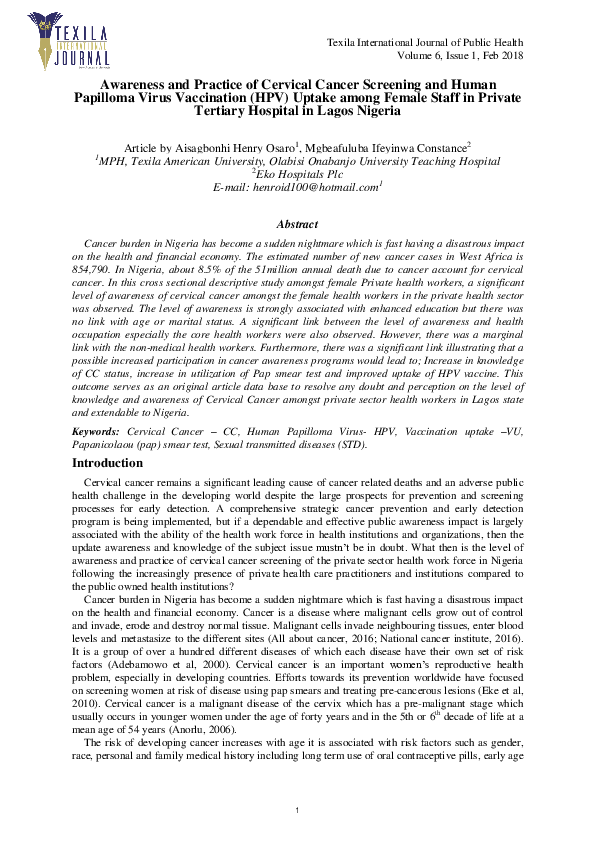 (PDF) Awareness and Practice of Cervical Cancer Screening and Human ...