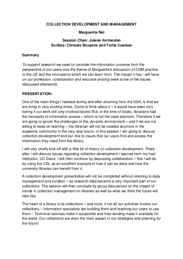 (PDF) Collection development and management