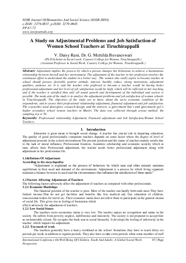 (PDF) A Study on Adjustmental Problems and Job Satisfaction of Women ...