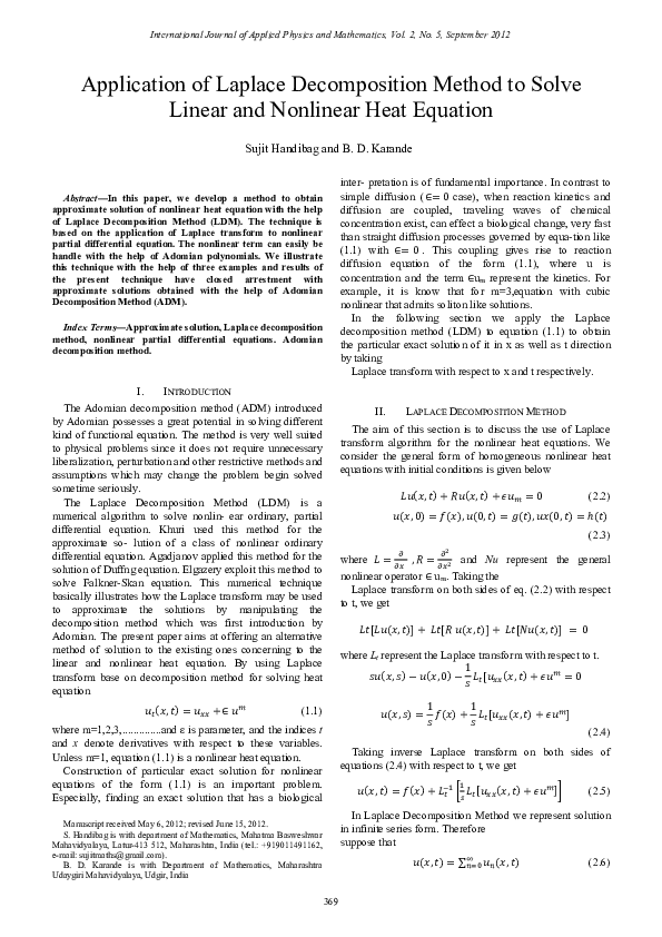 (PDF) Application of Laplace Decomposition Method to Solve Linear and ...