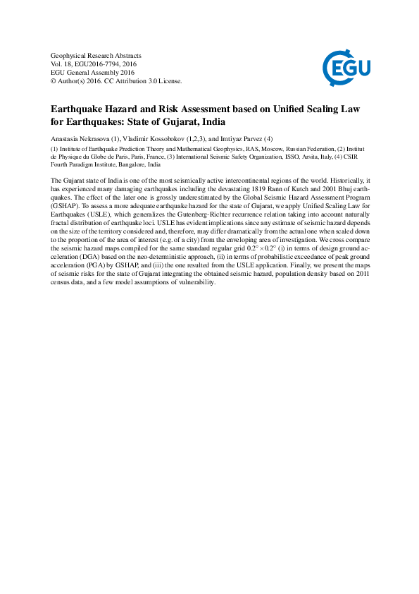 (PDF) Earthquake Hazard and Risk Assessment Based on Unified Scaling ...