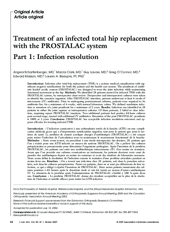 (PDF) Treatment of an infected total hip replacement with the PROSTALAC