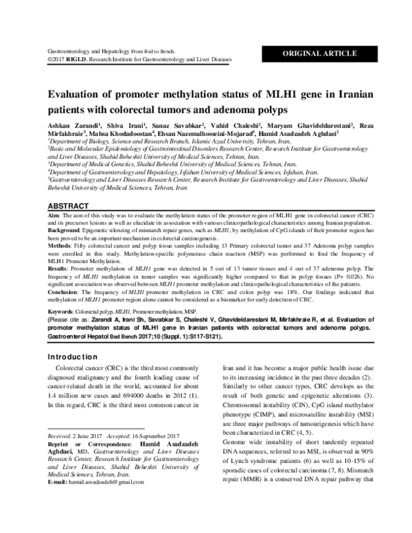 (PDF) Evaluation of promoter methylation status of MLH1 gene in Iranian ...