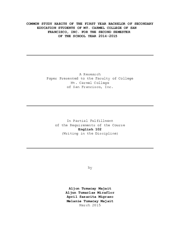 (PDF) COMMON STUDY HABITS OF THE FIRST YEAR BACHELOR OF SECONDARY ...