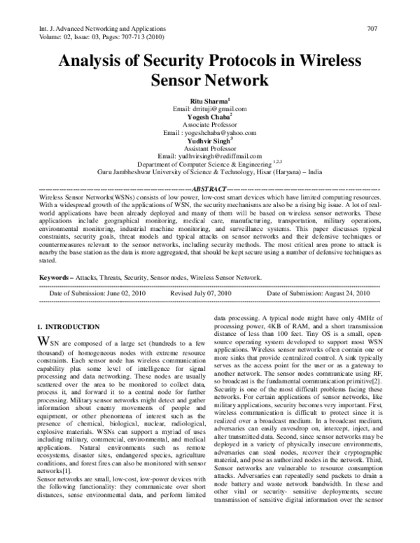 (PDF) Analysis of Security Protocols in Wireless Sensor Network
