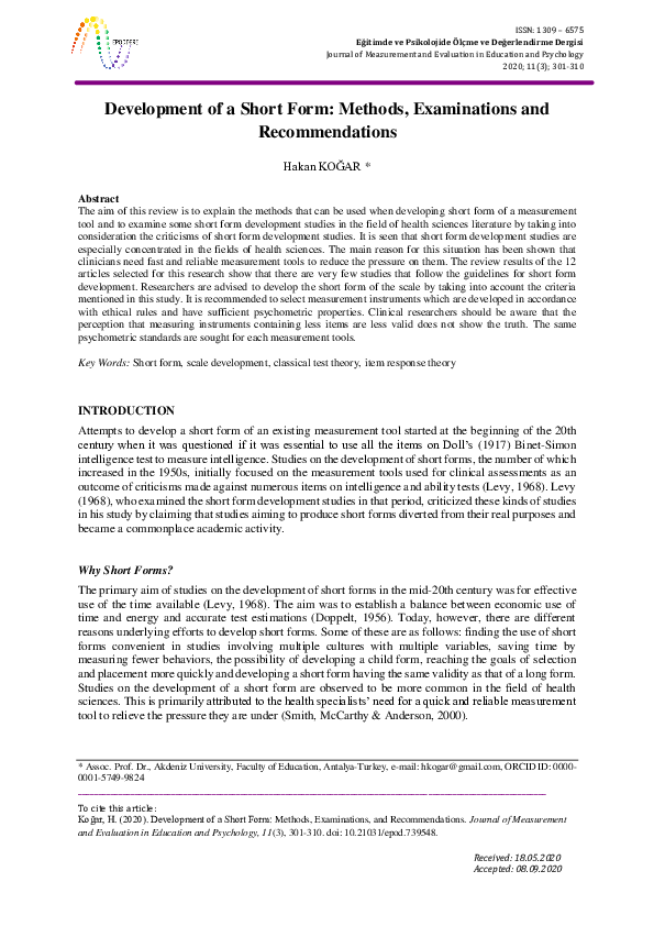 (PDF) Development of a Short Form: Methods, Examinations, and ...