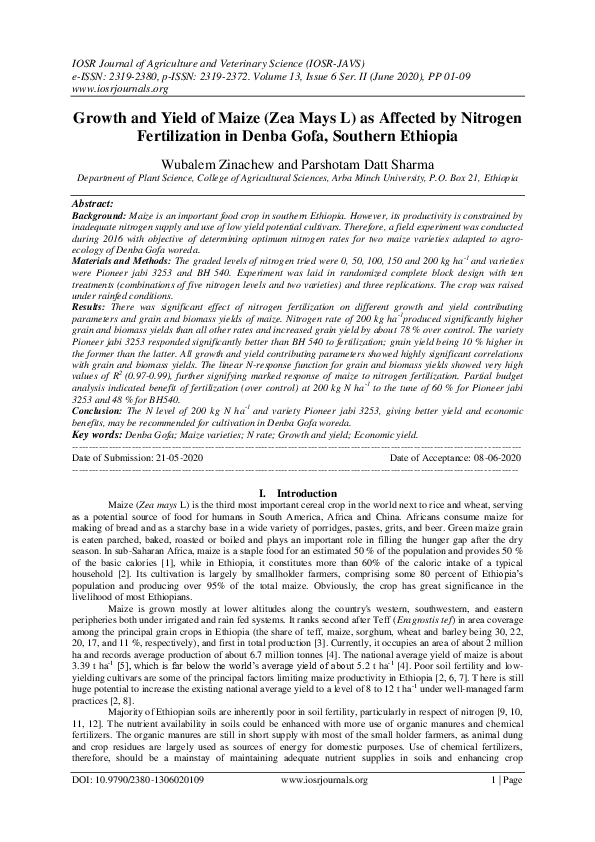 (PDF) Growth and Yield of Maize (Zea Mays L) as Affected by Nitrogen ...