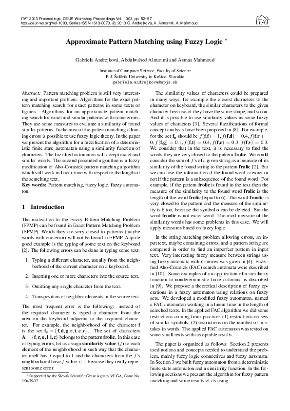 (PDF) Approximate Pattern Matching using Fuzzy Logic ∗