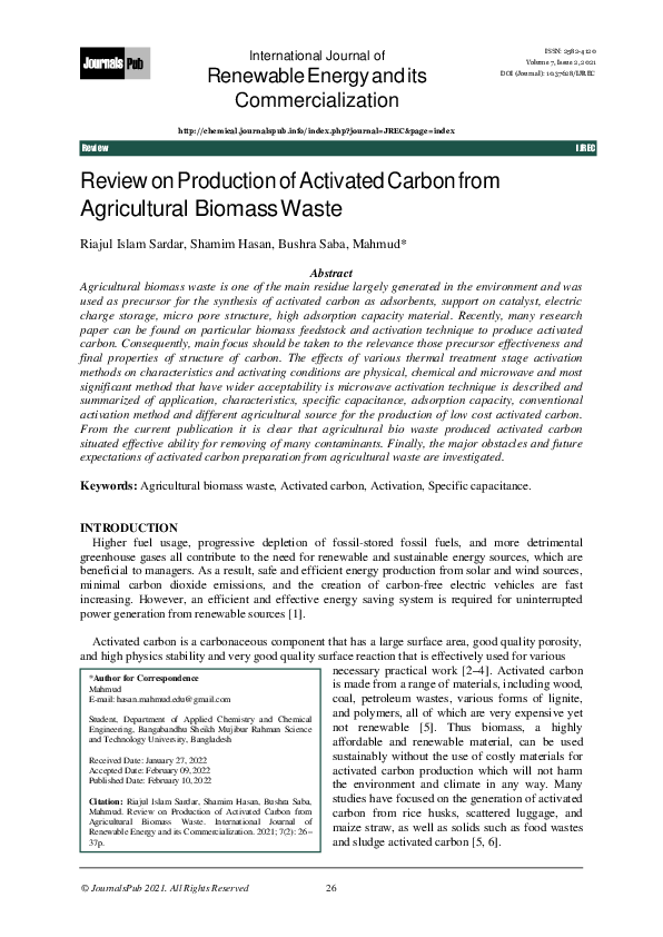 (PDF) Review on Production of Activated Carbon from Agricultural ...