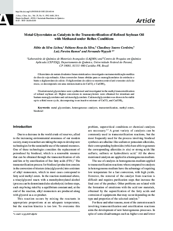 (PDF) Metal Glycerolates as Catalysts in the Transesterification of
