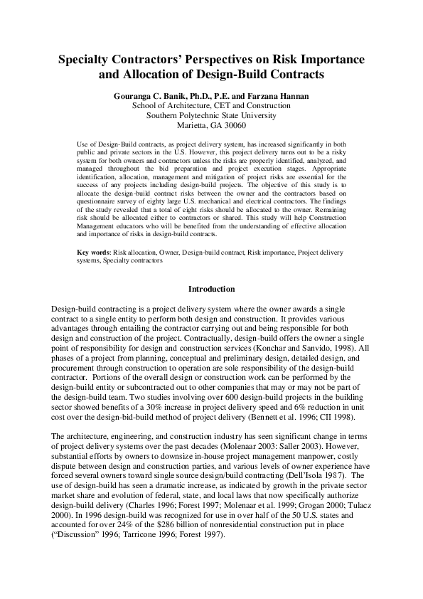 (PDF) Design-Build Risk Allocation for Contractors