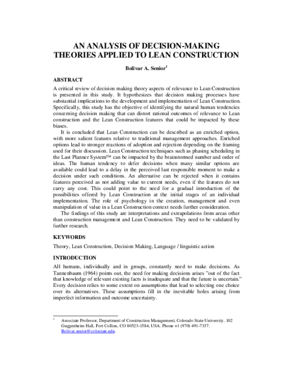 (PDF) An Analysis of Decision-Making Theories Applied to Lean Construction