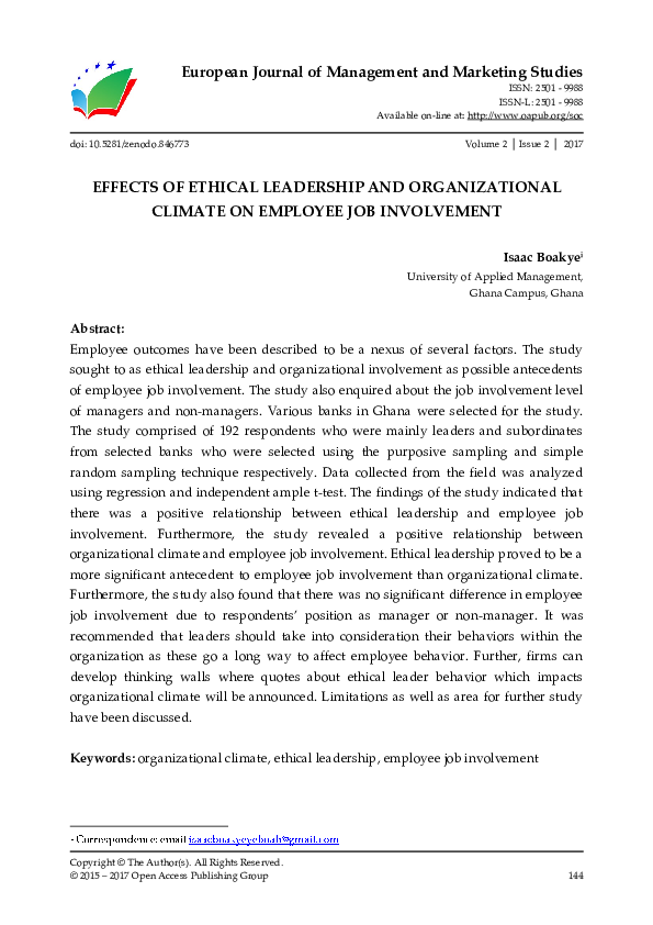 (PDF) Effects of Ethical Leadership and Organizational Climate on ...