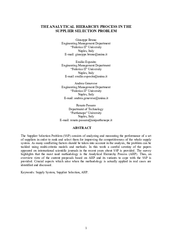 (PDF) The Analytic Hierarchy Process in the Supplier Selection Problem