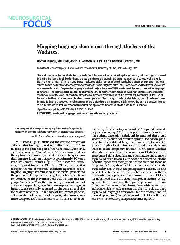 (PDF) Mapping language dominance through the lens of the Wada test