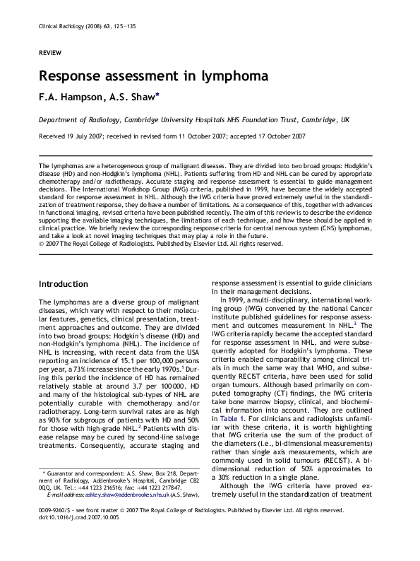 (PDF) Response assessment in lymphoma