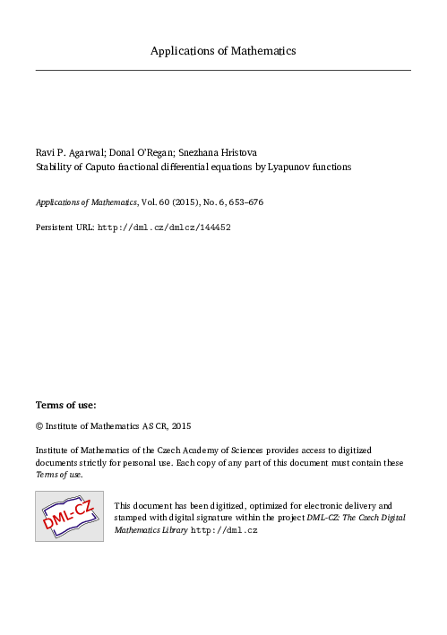 (PDF) Stability of Caputo fractional differential equations by Lyapunov ...
